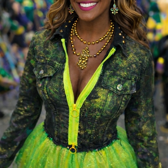 American Bazi Jackets & Blazers - Custom Vibrant Mardi Gras Green and Black Denim American Bazi Jacket, Size: Lg